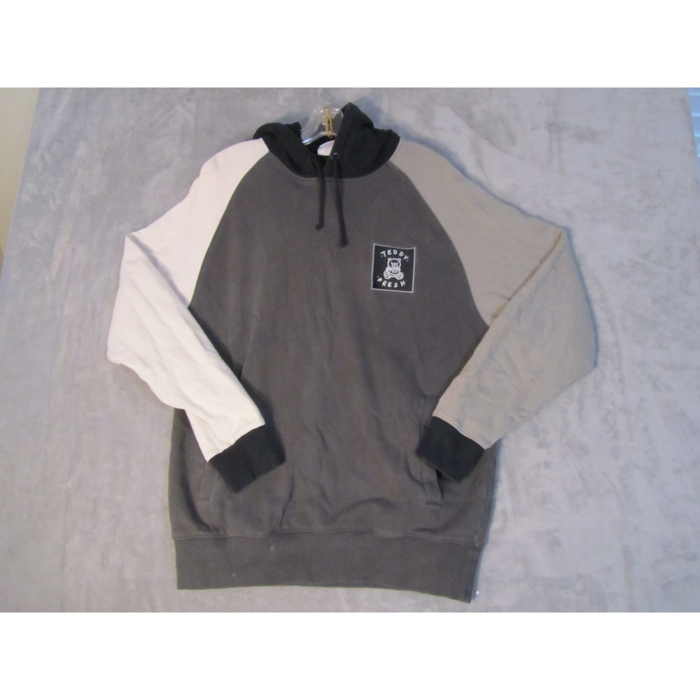 Teddy Fresh Hoodie Mens Medium Gray White Tan Colorblock Logo Patch Pullover